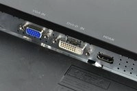 Connectivity, with a VGA socket, DVI Dual Link and 3 HDMI 1.4. The screen also incorporates a line-in to power the two 2-watt speakers