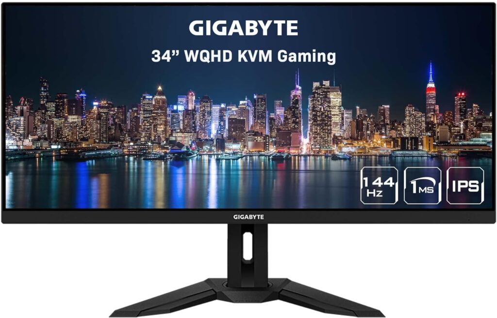 GIGABYTE M34WQ 34" 144Hz Ultrawide-KVM Gaming Monitor, 3440 x 1440 IPS Display, 1ms (MPRT) Response Time, 91% DCI-P3, HDR Ready, 1 Display Port 1.4, 2 HDMI 2.0, 2 USB 3.0, 1 USB Type-C
