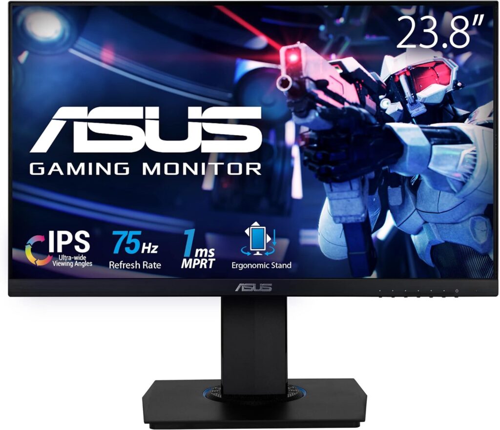 ASUS 23.8” 1080P Gaming Monitor (VG246H) - Full HD, IPS, 75Hz, 1ms, FreeSync, Extreme Low Motion Blur, Low Blue Light, Flicker Free, VESA Mountable, HDMI, VGA, Height Adjustable, 12.8"x21.3"x2",Black
