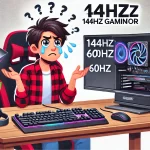 A person frustrated while sitting at a desk with a high-end 144Hz gaming monitor displaying only 60Hz. The user looks puzzled surrounded by gaming equipment.