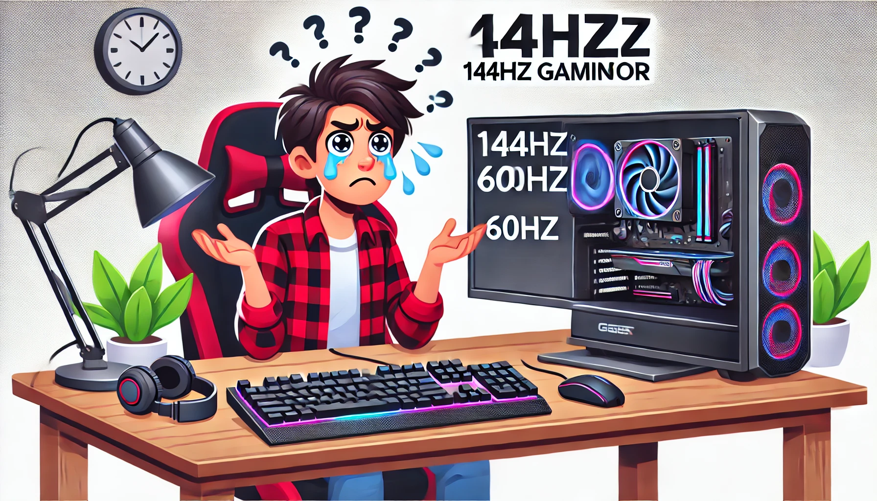 A person frustrated while sitting at a desk with a high-end 144Hz gaming monitor displaying only 60Hz. The user looks puzzled surrounded by gaming equipment.