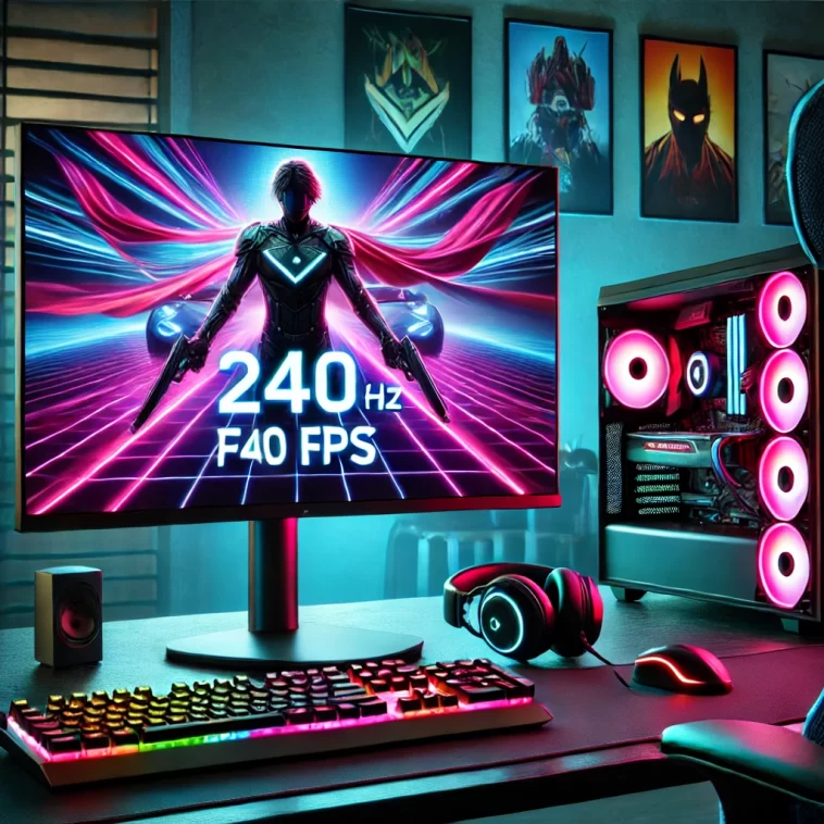 Modern gaming setup with 144Hz monitor displaying vibrant graphics and 240 FPS frame rate counter