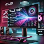 ASUS monitor featuring 'Trace Free' option highlighted in modern gaming setup with RGB lighting and gaming PC in the background