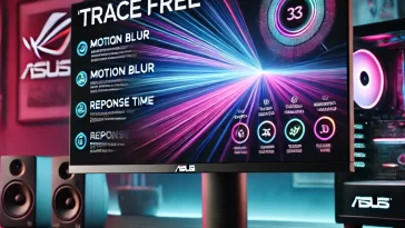 ASUS monitor featuring 'Trace Free' option highlighted in modern gaming setup with RGB lighting and gaming PC in the background