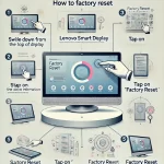 Step-by-step guide on how to factory reset a Lenovo Smart Display, featuring a Lenovo Smart Display device in the center of the infographic