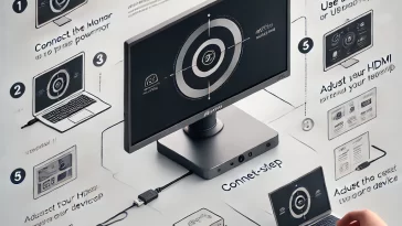 Step-by-step guide on how to set up an ARZOPA portable monitor, featuring a detailed infographic with the monitor front and center