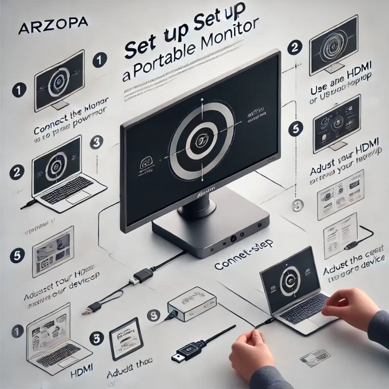 Step-by-step guide on how to set up an ARZOPA portable monitor, featuring a detailed infographic with the monitor front and center