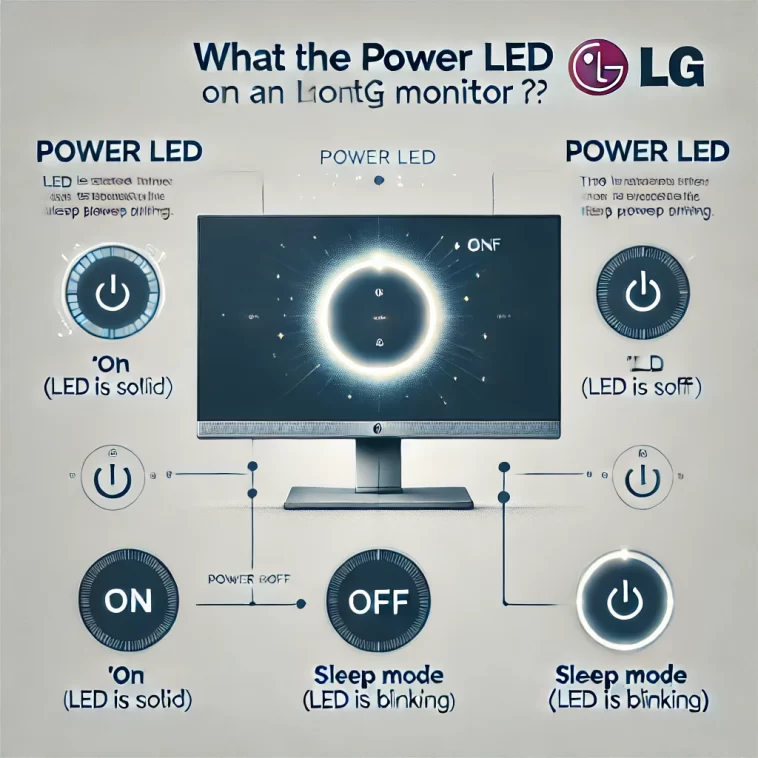 e alt text for this image could be: "Close-up view of power LED indicator on LG monitor infographic"