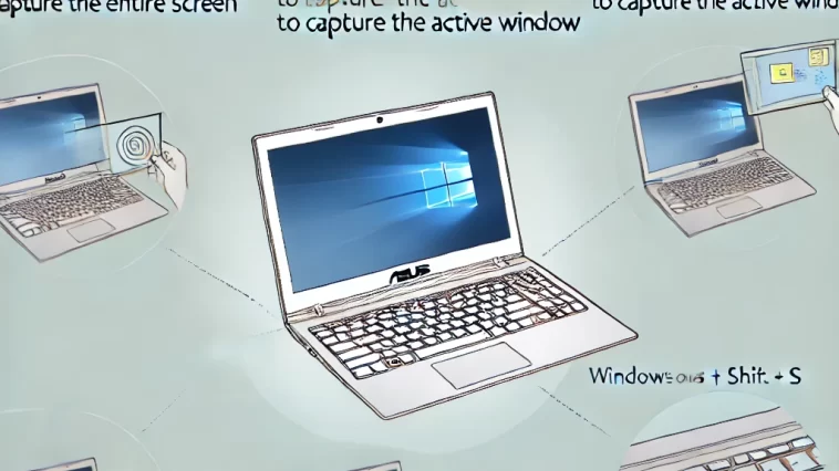 guide on how to screen capture on an ASUS laptop, featuring a detailed infographic with a close-up of the keyboard.