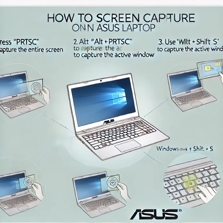 guide on how to screen capture on an ASUS laptop, featuring a detailed infographic with a close-up of the keyboard.