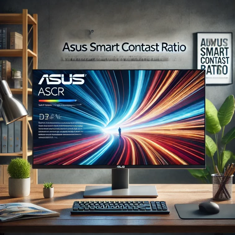 ASUS monitor displaying ASCR feature on professional desk setup with dynamic image quality