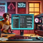 High-performance computer setup with 165Hz monitor showing desktop settings window and user adjusting refresh rate to 144Hz.