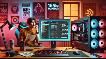 High-performance computer setup with 165Hz monitor showing desktop settings window and user adjusting refresh rate to 144Hz.