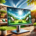 High-brightness outdoor monitor on patio table in vibrant outdoor setting