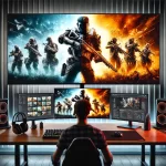 Gaming setup with large LCD monitor showcasing high-action game scene, split screen with vibrant, crisp image