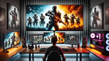 Gaming setup with large LCD monitor showcasing high-action game scene, split screen with vibrant, crisp image