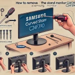 a person using a screwdriver to remove the stand from the Samsung Curved Monitor C24F390.