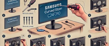 a person using a screwdriver to remove the stand from the Samsung Curved Monitor C24F390.