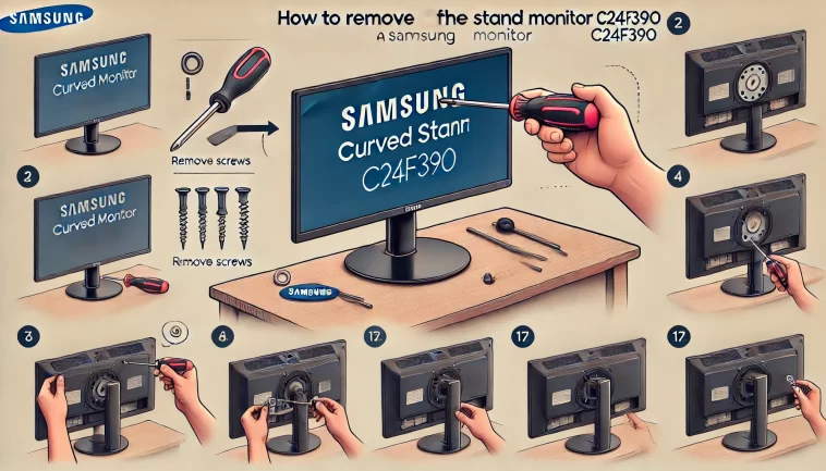 a person using a screwdriver to remove the stand from the Samsung Curved Monitor C24F390.