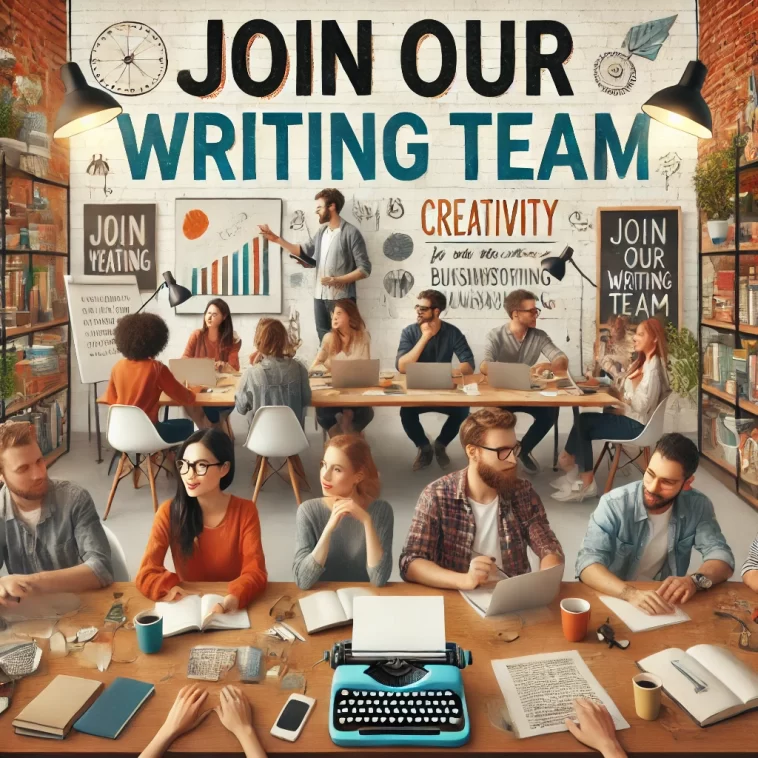 Image of a diverse group of writers collaborating in a cozy, well-lit environment, with text inviting viewers to join a writing team. Ideal for those looking to join a creative and supportive community of writers.