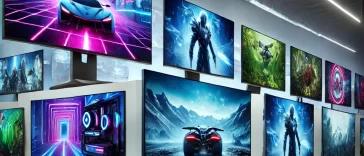 Modern gaming monitors in a high-tech showroom with sleek designs and ultra-thin bezels, displaying vibrant, colorful gameplay scenes