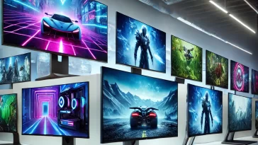 Modern gaming monitors in a high-tech showroom with sleek designs and ultra-thin bezels, displaying vibrant, colorful gameplay scenes