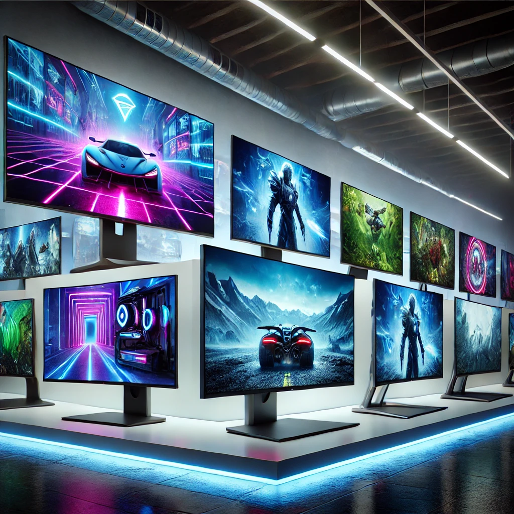 Modern gaming monitors in a high-tech showroom with sleek designs and ultra-thin bezels, displaying vibrant, colorful gameplay scenes