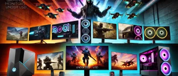 Affordable gaming monitors under $200 arranged in an eye-catching display, featuring vibrant screens for an immersive gaming experience