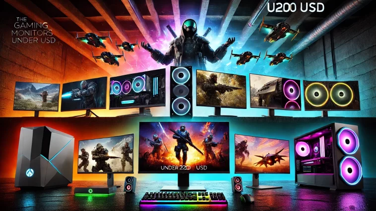 Affordable gaming monitors under $200 arranged in an eye-catching display, featuring vibrant screens for an immersive gaming experience