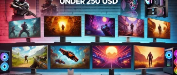 Affordable gaming monitors under $250 displayed in an organized manner, featuring high-quality gameplay visuals