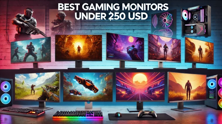 Affordable gaming monitors under $250 displayed in an organized manner, featuring high-quality gameplay visuals