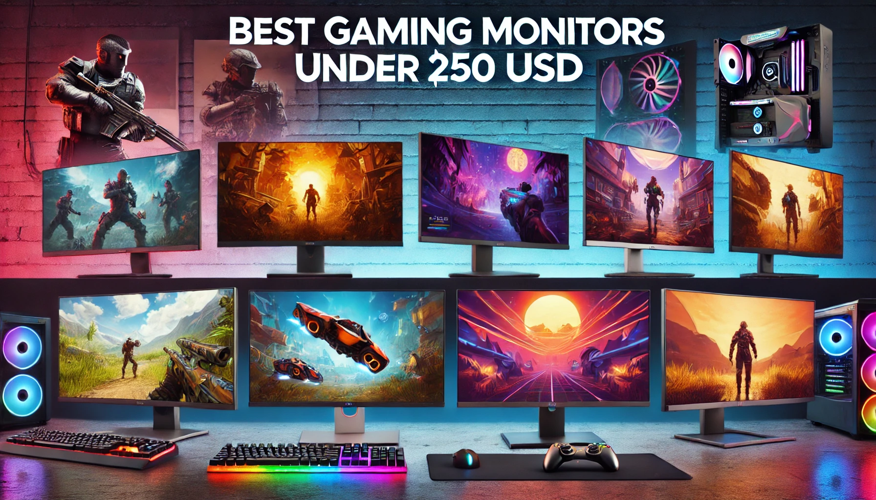Affordable gaming monitors under $250 displayed in an organized manner, featuring high-quality gameplay visuals