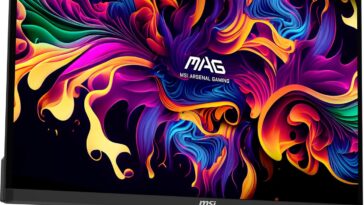 Glowing MSI QD-OLED gaming monitor displaying vibrant game visuals with sleek RGB lighting