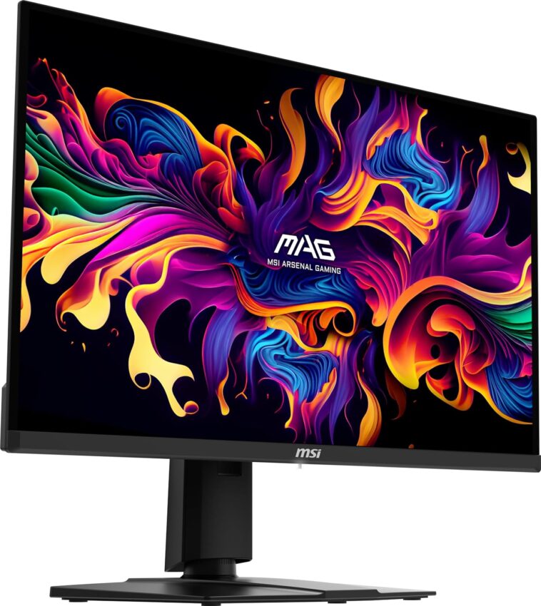 Glowing MSI QD-OLED gaming monitor displaying vibrant game visuals with sleek RGB lighting
