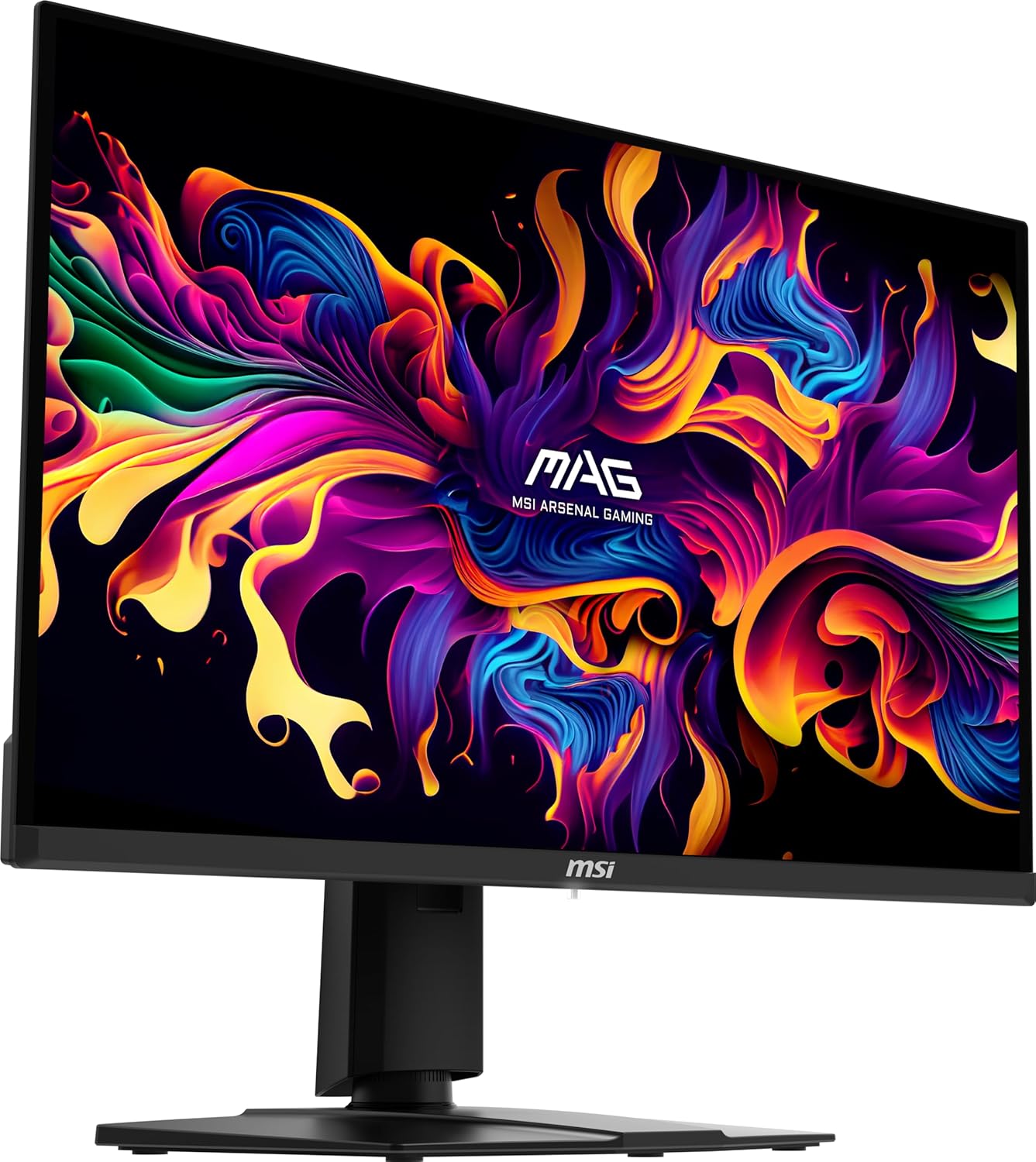 Glowing MSI QD-OLED gaming monitor displaying vibrant game visuals with sleek RGB lighting