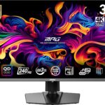 MSI MPG 321URX QD-OLED gaming monitor displaying vibrant 4K gameplay with stunning colors and deep blacks
