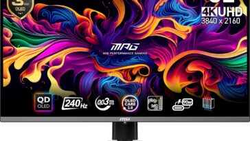 MSI MPG 321URX QD-OLED gaming monitor displaying vibrant 4K gameplay with stunning colors and deep blacks