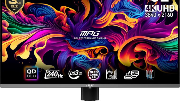 MSI MPG 321URX QD-OLED gaming monitor displaying vibrant 4K gameplay with stunning colors and deep blacks