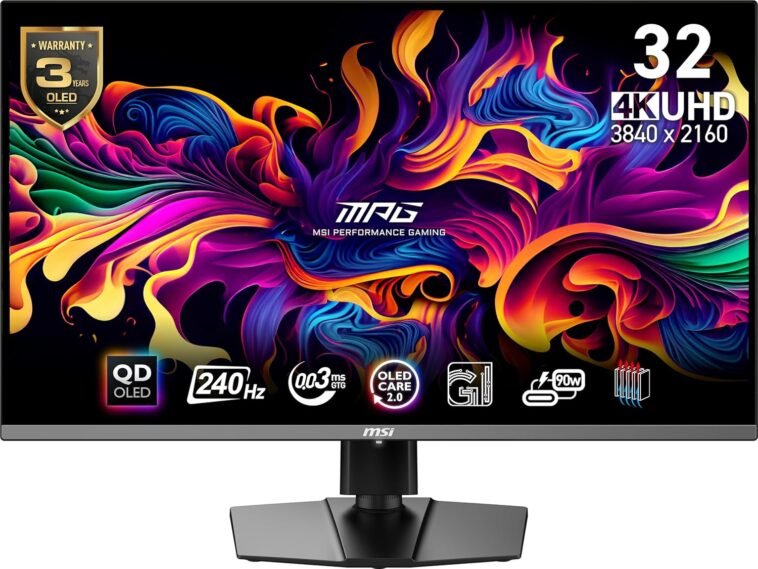MSI MPG 321URX QD-OLED gaming monitor displaying vibrant 4K gameplay with stunning colors and deep blacks