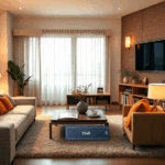 Happy family enjoying movie night with perfectly sized TV at ideal viewing distance in cozy living room
