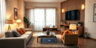 Happy family enjoying movie night with perfectly sized TV at ideal viewing distance in cozy living room