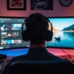 A person using an ultra-wide 32:9 aspect ratio PC monitor for multitasking and gaming.