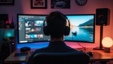A person using an ultra-wide 32:9 aspect ratio PC monitor for multitasking and gaming.