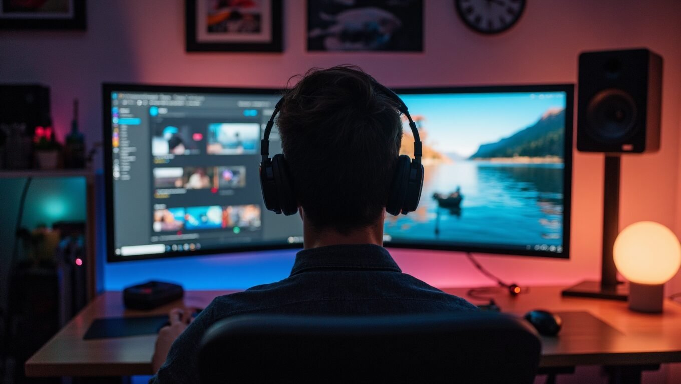 A person using an ultra-wide 32:9 aspect ratio PC monitor for multitasking and gaming.