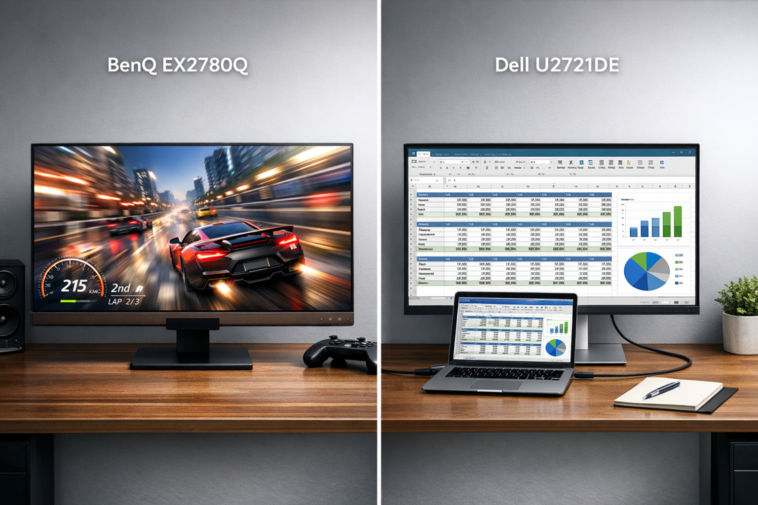 BenQ EX2780Q vs Dell U2721DE side-by-side comparison for gaming and productivity