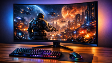 Best 4K 144Hz monitor on a gaming desk with PC setup