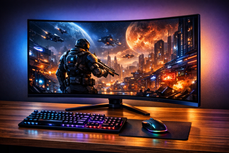 Best 4K 144Hz monitor on a gaming desk with PC setup