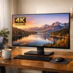 Best 4K monitor for everyday use in a modern home office setup with laptop and coffee