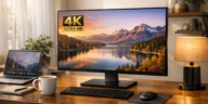 Best 4K monitor for everyday use in a modern home office setup with laptop and coffee
