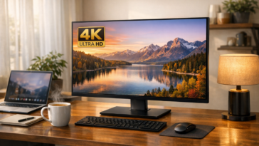 Best 4K monitor for everyday use in a modern home office setup with laptop and coffee
